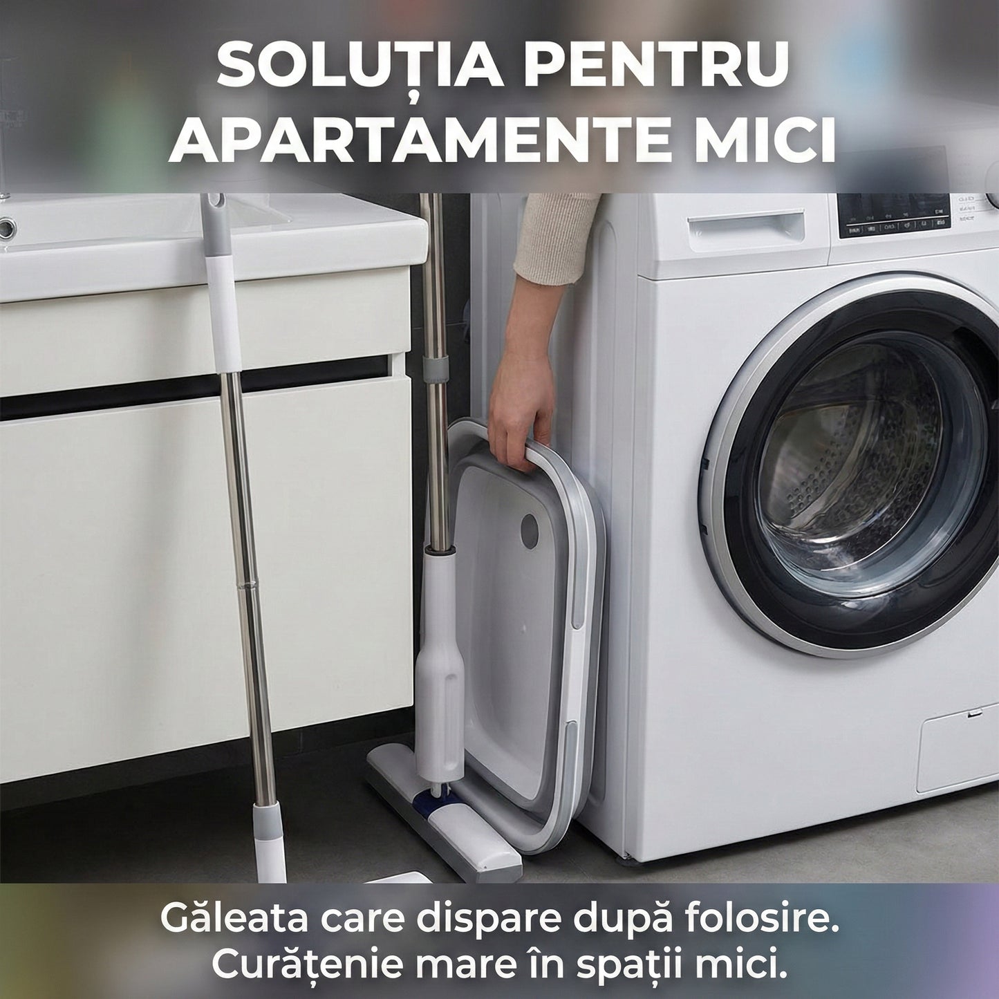 Set Mop Telescopic cu Găleată Pliabilă, Stoarcere Automată, Coadă Inox 140cm, Cap Absorbant 32cm, Gri/Alb