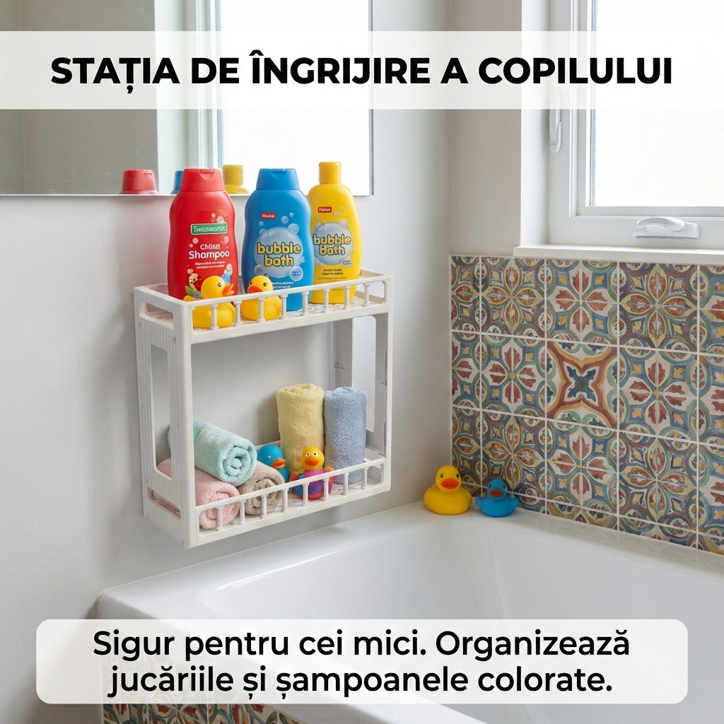 Etajeră de Baie din Plastic cu 2 Niveluri, Organizator Versatil Perete sau Blat, 31x33x11 cm