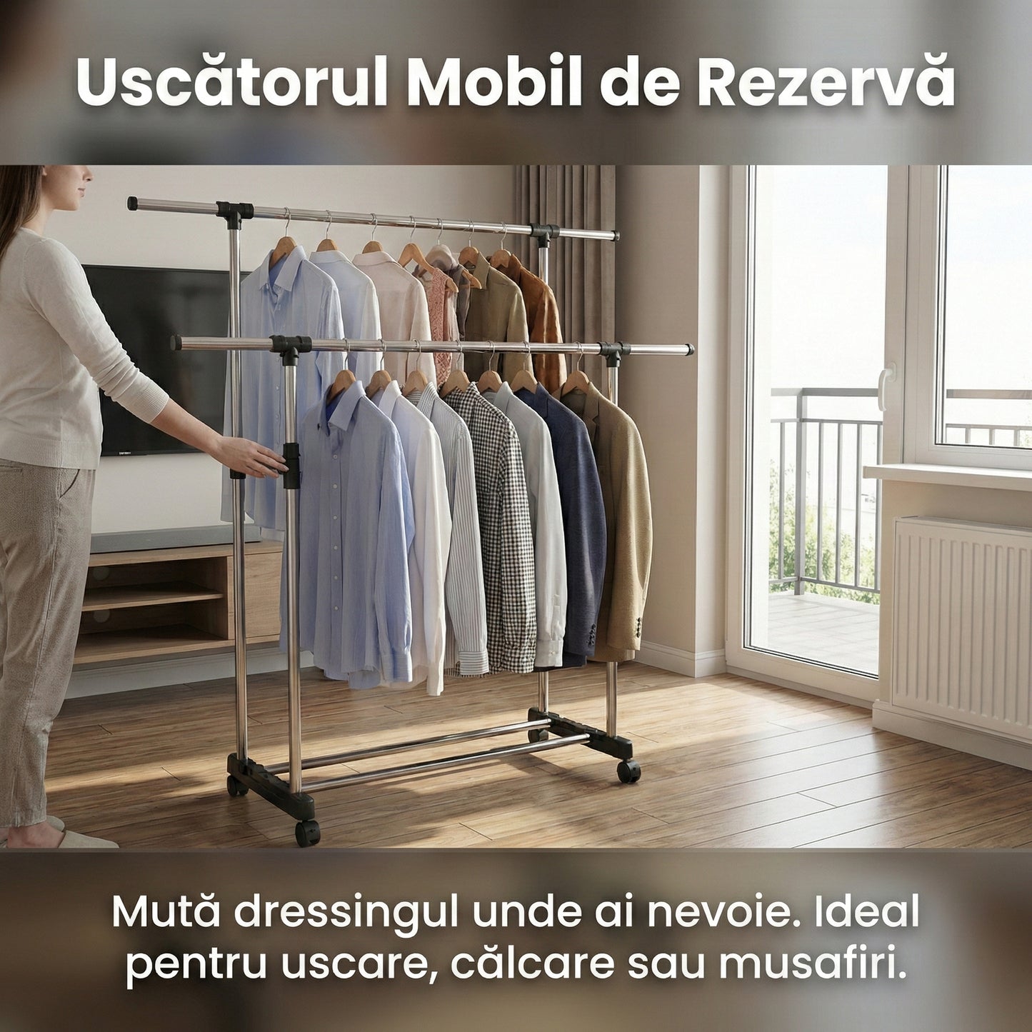 Stender Dublu Reglabil pentru Haine și Pantofi, Mobil cu Roți, Bare Cromate Extensibile