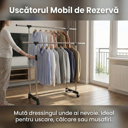 Stender Dublu Reglabil pentru Haine și Pantofi, Mobil cu Roți, Bare Cromate Extensibile