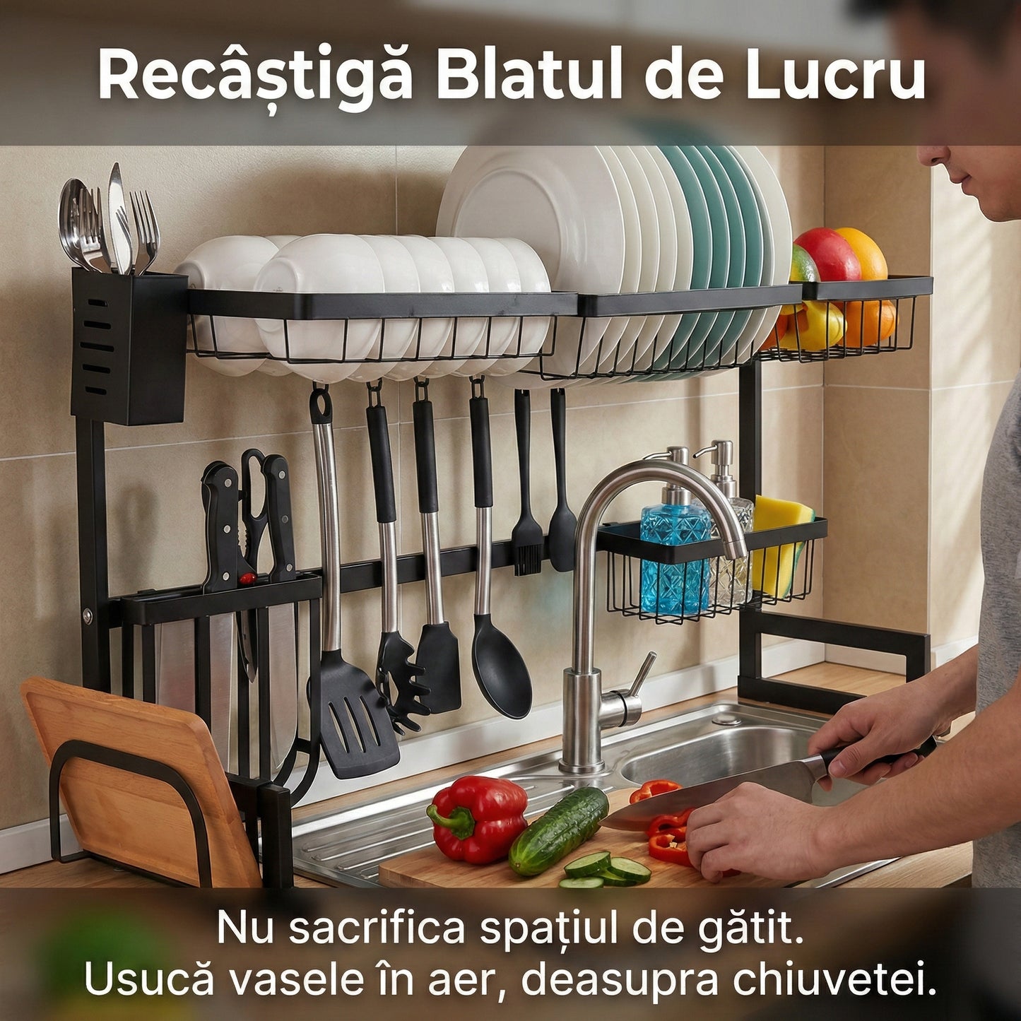 Scurgător de Vase Multifuncțional Deasupra Chiuvetei, Oțel Premium Antirugină, 85cm, Organizator Complet