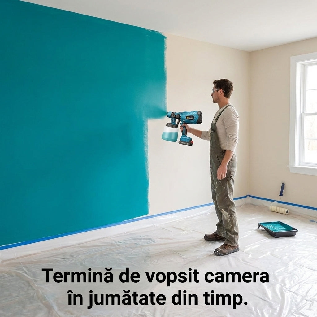 Pistol de Vopsit Electric cu Acumulator 48V (3000mAh) - Rezervor 800ml, Debit Reglabil & 3 Moduri Pulverizare