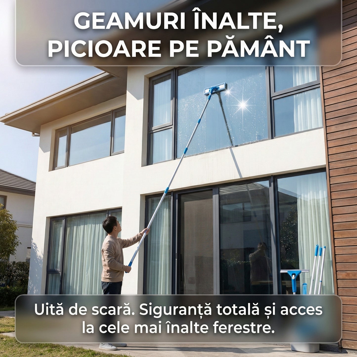 Ștergător Geamuri 2-în-1 Telescopic cu Racletă și Microfibră, Tijă Extensibilă 154 cm, Cap Flexibil, Alb/Albastru