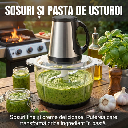 Tocător Electric Multifuncțional 5L (Inox) - Mașină de Tocat Carne & Blender Legume, Bol XXL & Lame Oțel