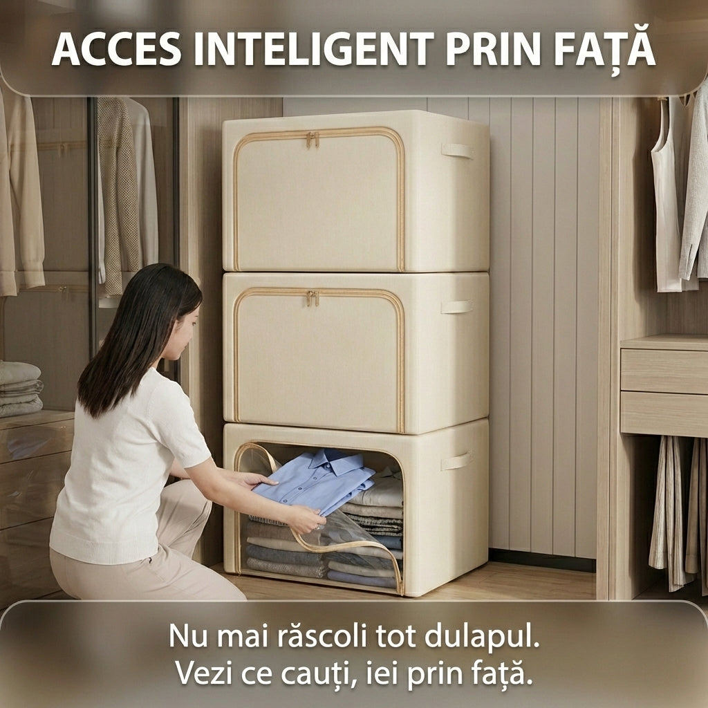 Cutie de Depozitare Premium 66L din Oxford, Cadru Metalic Pliabil, Ferestre Transparente, Bej