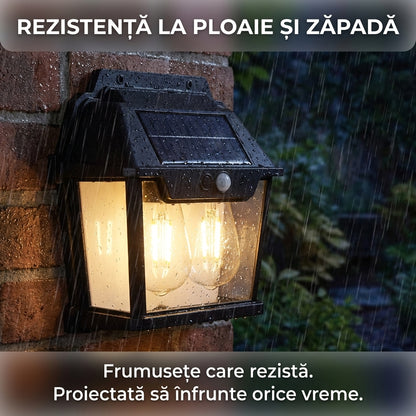 Lampă Solară de Perete Stil Vintage cu LED Tungsten, Senzor de Mișcare, Lumină Caldă, 3 Moduri, IP65