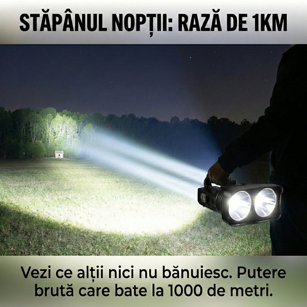 Lanternă Profesională "Searchlight" LED Dublu P50, 2000+ Lumeni, Rază 1000m, Acumulator 7200mAh, 10 Moduri