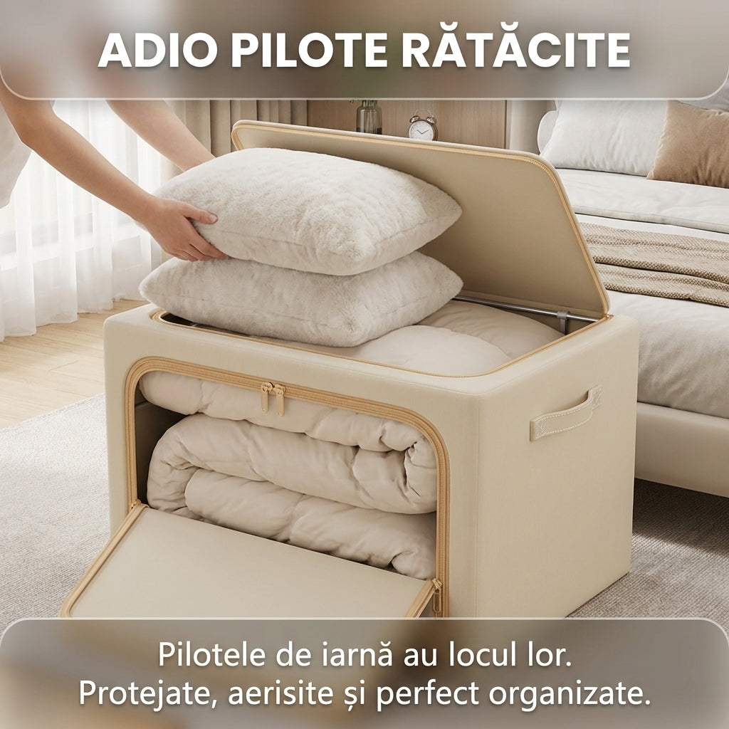 Cutie de Depozitare Premium 66L din Oxford, Cadru Metalic Pliabil, Ferestre Transparente, Bej