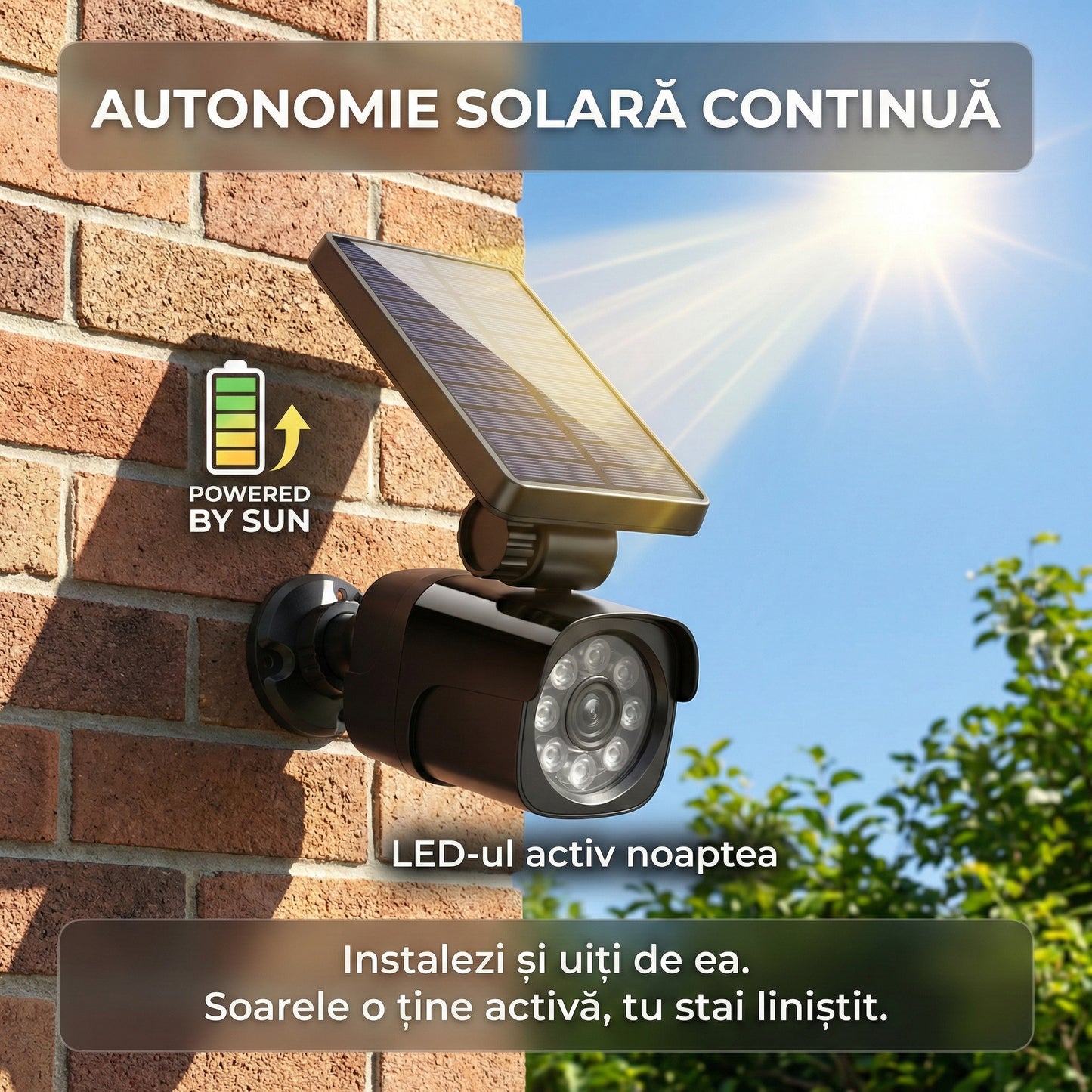 Cameră de Supraveghere Falsă (Dummy) cu Panou Solar, LED Roșu Intermitent, Senzor de Mișcare, Aspect Realist, IP44