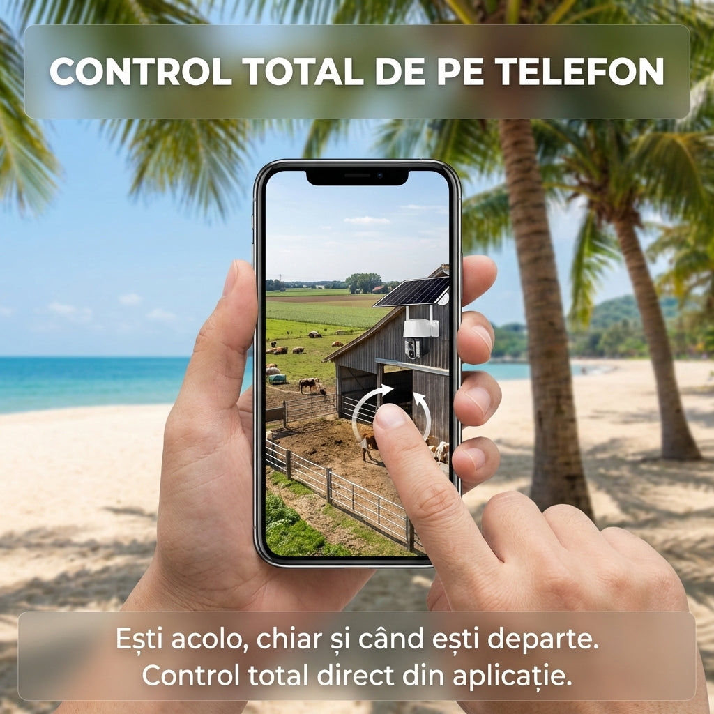 Cameră de Supraveghere Solară 4G cu Slot SIM, 3MP, Panou Solar Inclus, Acumulator 8000mAh, PTZ Rotativă, Aplicație V380 Pro