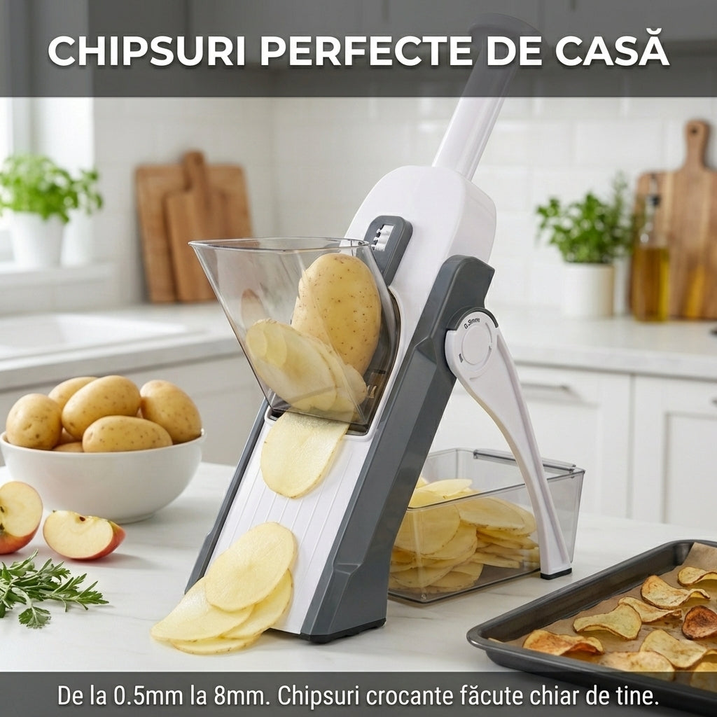 Mandolină Multifuncțională Ajustabilă (Feliator Vertical) - Tăiere Sigură, Lame Inox & Grosime Reglabilă (0.5-8mm)