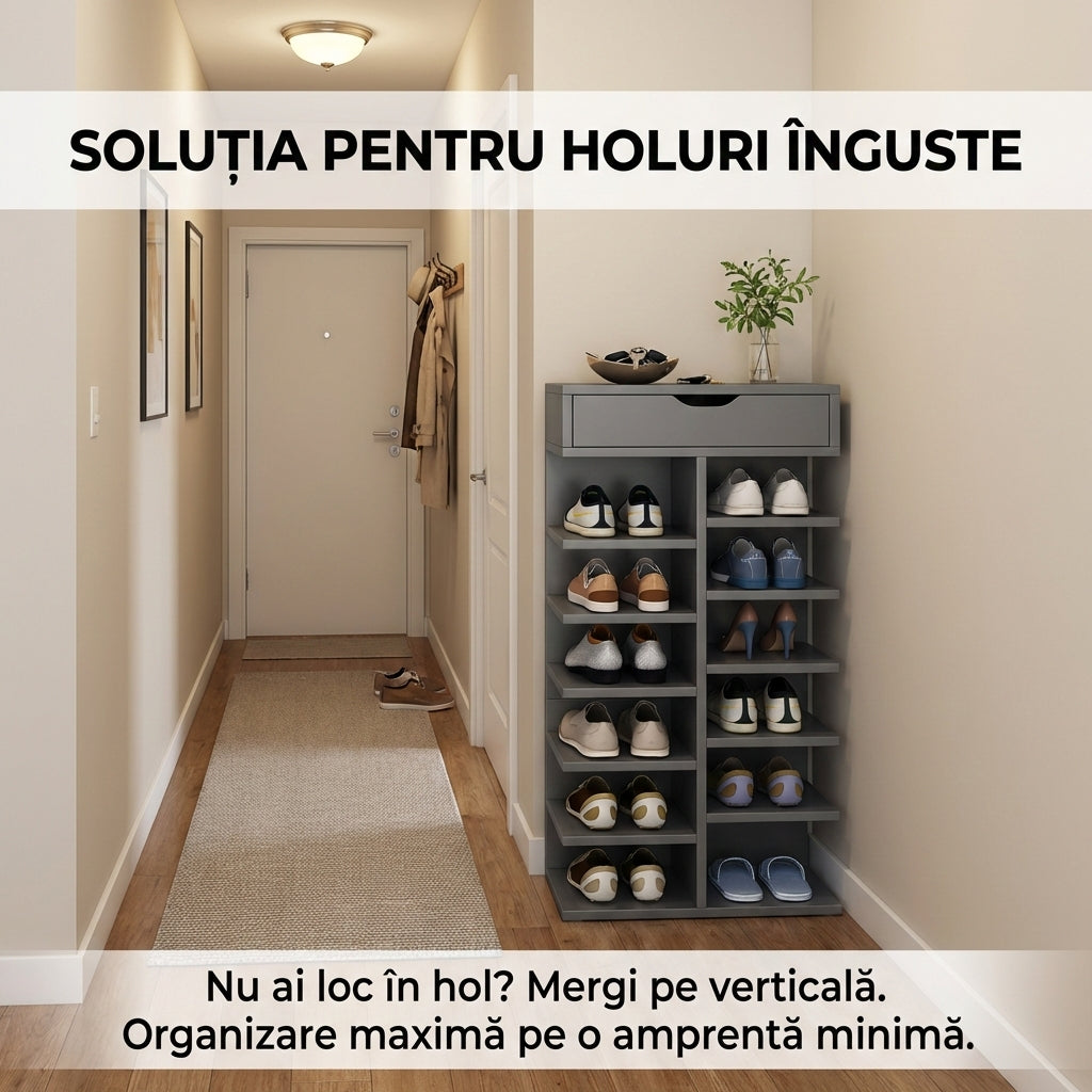 Pantofar Vertical Premium cu 7 Etaje din PAL, Design Modern Lemn , Capacitate 21 Perechi