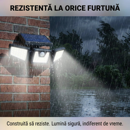 Lampă Solară LED cu 3 Capete Ajustabile, Senzor de Mișcare PIR, 3 Moduri de Iluminare, Impermeabilă IP65