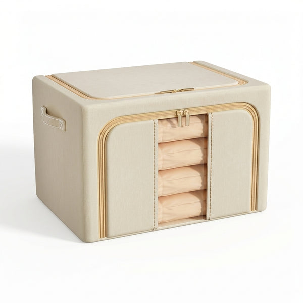 Cutie de Depozitare Premium 66L din Oxford, Cadru Metalic Pliabil, Ferestre Transparente, Bej