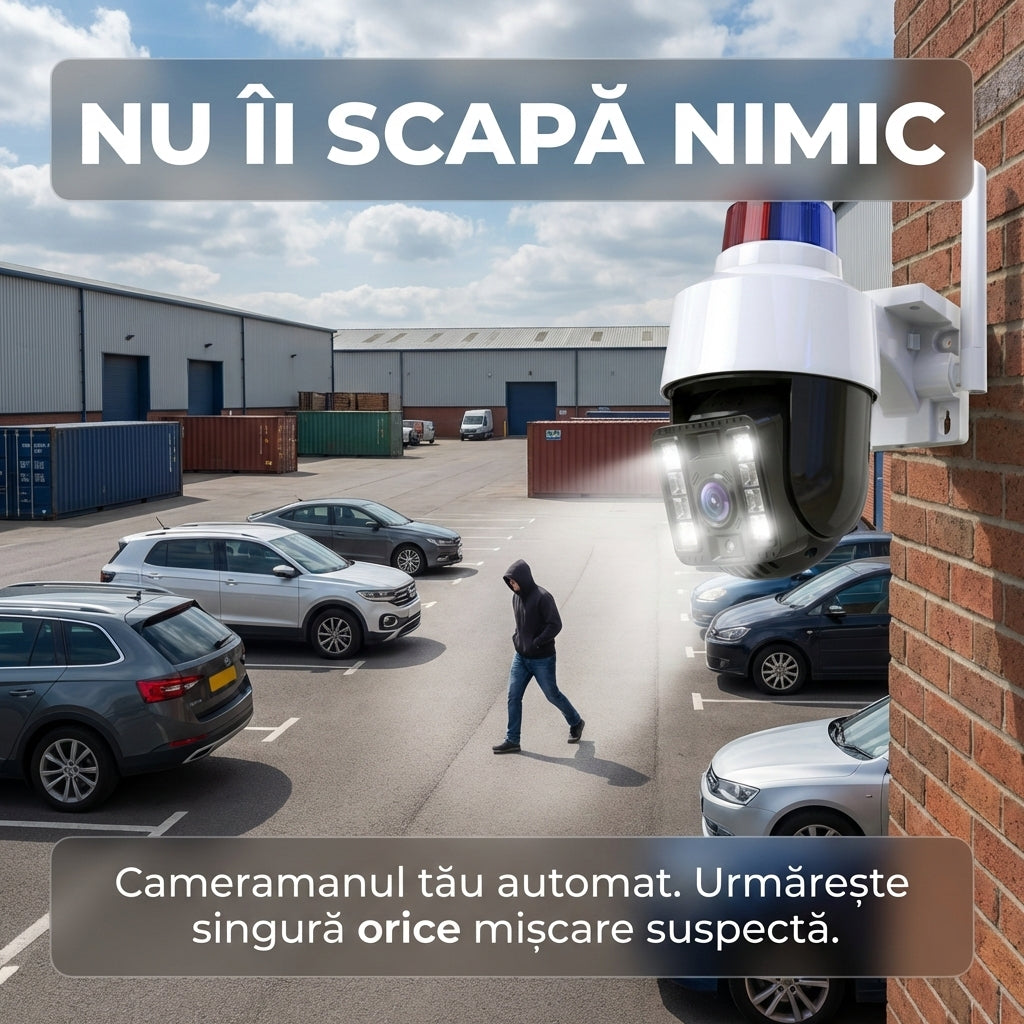 Cameră Supraveghere WiFi Exterior PTZ 5MP cu Sirenă Poliție și Girofar, Rotire 360°, Urmărire Automată, Night Vision Color, V380 Pro