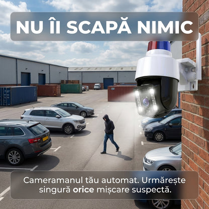 Cameră Supraveghere WiFi Exterior PTZ 5MP cu Sirenă Poliție și Girofar, Rotire 360°, Urmărire Automată, Night Vision Color, V380 Pro
