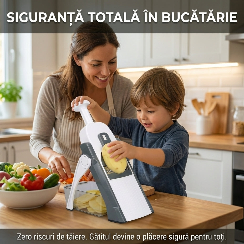 Mandolină Multifuncțională Ajustabilă (Feliator Vertical) - Tăiere Sigură, Lame Inox & Grosime Reglabilă (0.5-8mm)