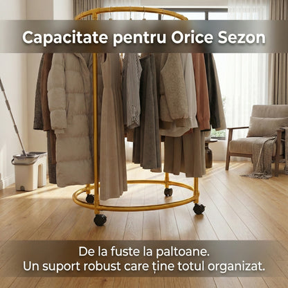 Suport Rotund pentru Haine din Oțel Inoxidabil, Mobil cu Roți Pivotante, 130cm, Auriu