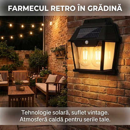 Lampă Solară de Perete Stil Vintage cu LED Tungsten, Senzor de Mișcare, Lumină Caldă, 3 Moduri, IP65
