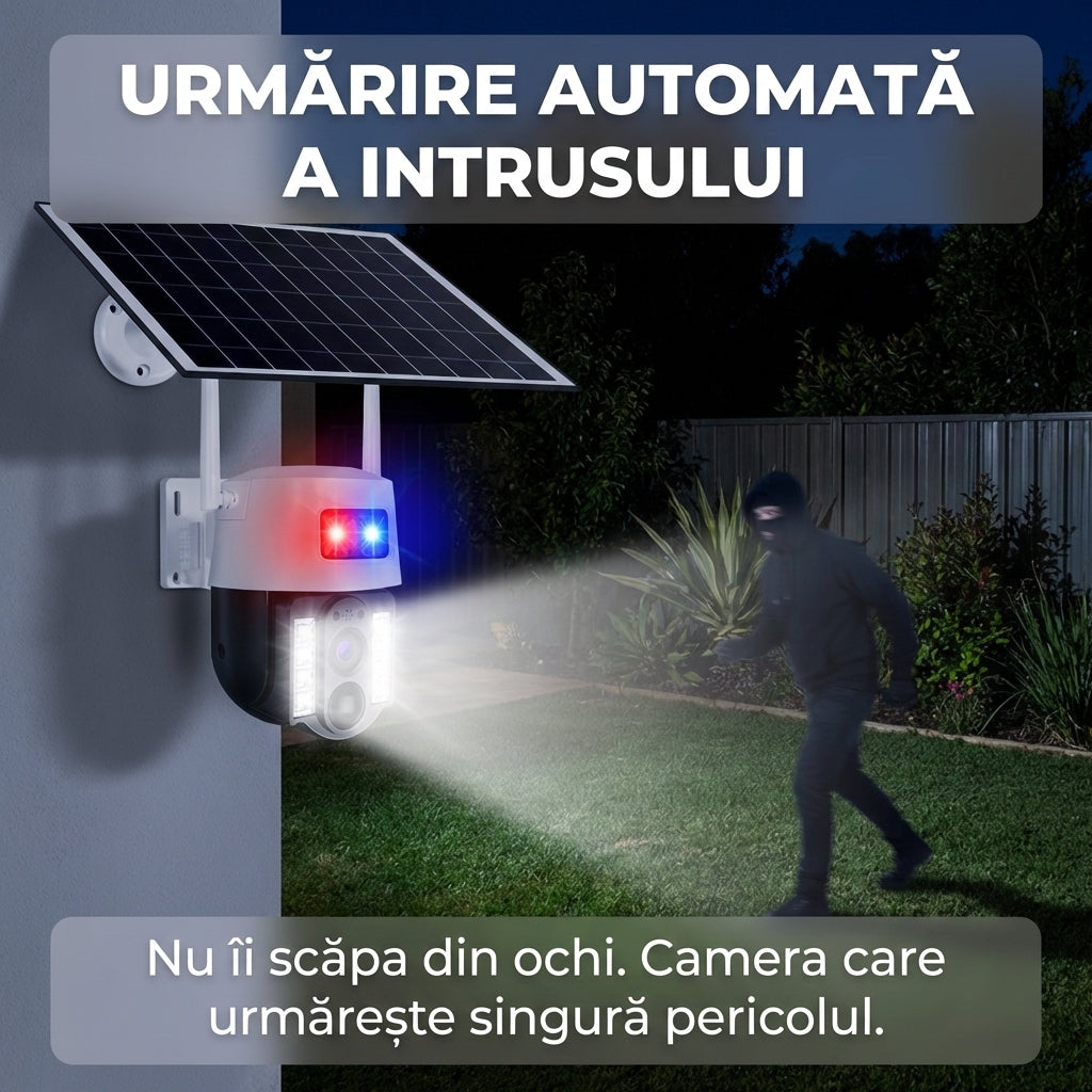 Cameră de Supraveghere Solară 4G cu Slot SIM, 3MP, Panou Solar Inclus, Acumulator 8000mAh, PTZ Rotativă, Aplicație V380 Pro