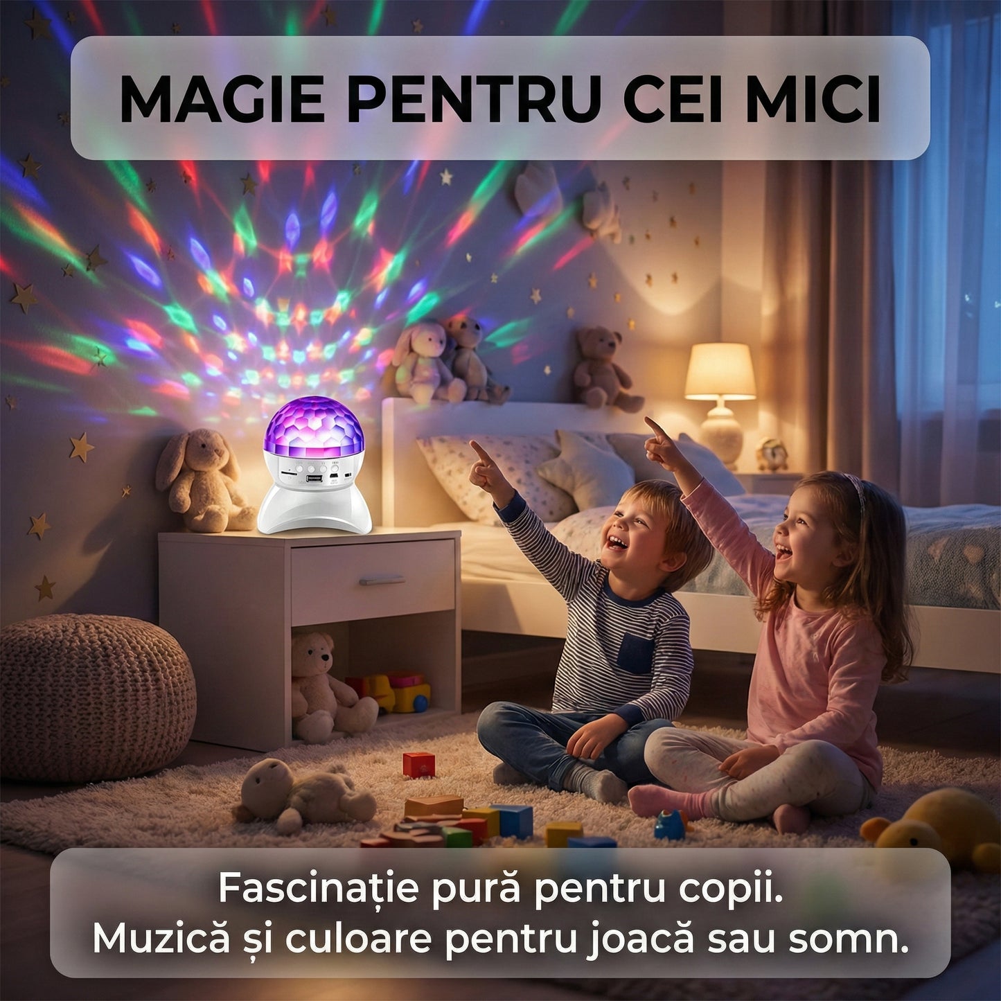 Boxă Portabilă Bluetooth cu Lumini Disco RGB, Glob de Cristal Rotativ, Radio FM, USB și Suport Card TF, Alb