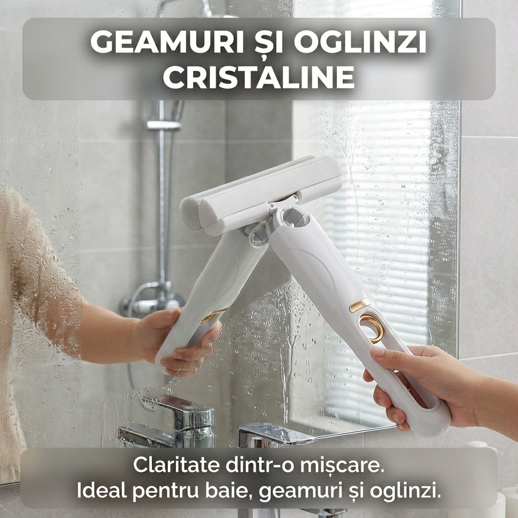 Mini Mop Portabil pentru Geamuri și Suprafețe, Sistem de Autostoarcere, Burete PVA Absorbant, 29 cm, Alb