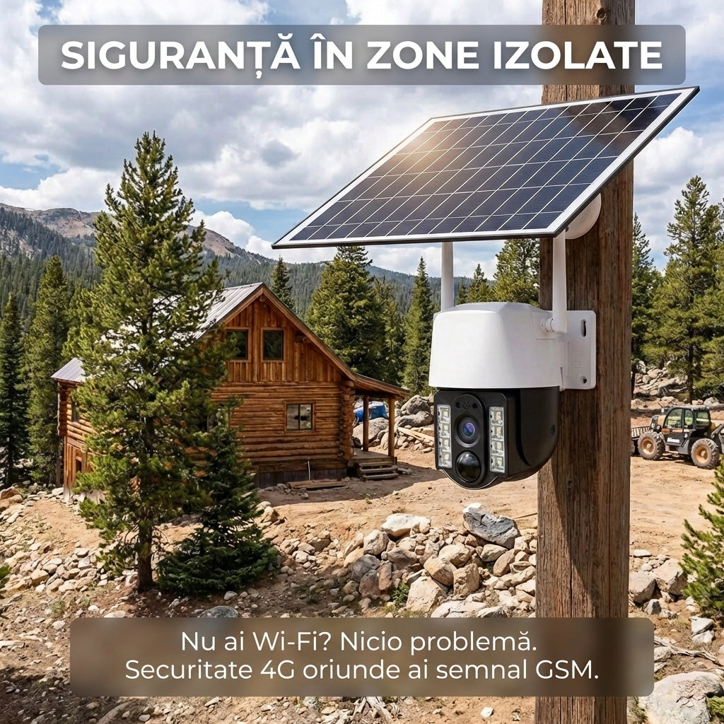 Cameră de Supraveghere Solară 4G cu Slot SIM, 3MP, Panou Solar Inclus, Acumulator 8000mAh, PTZ Rotativă, Aplicație V380 Pro