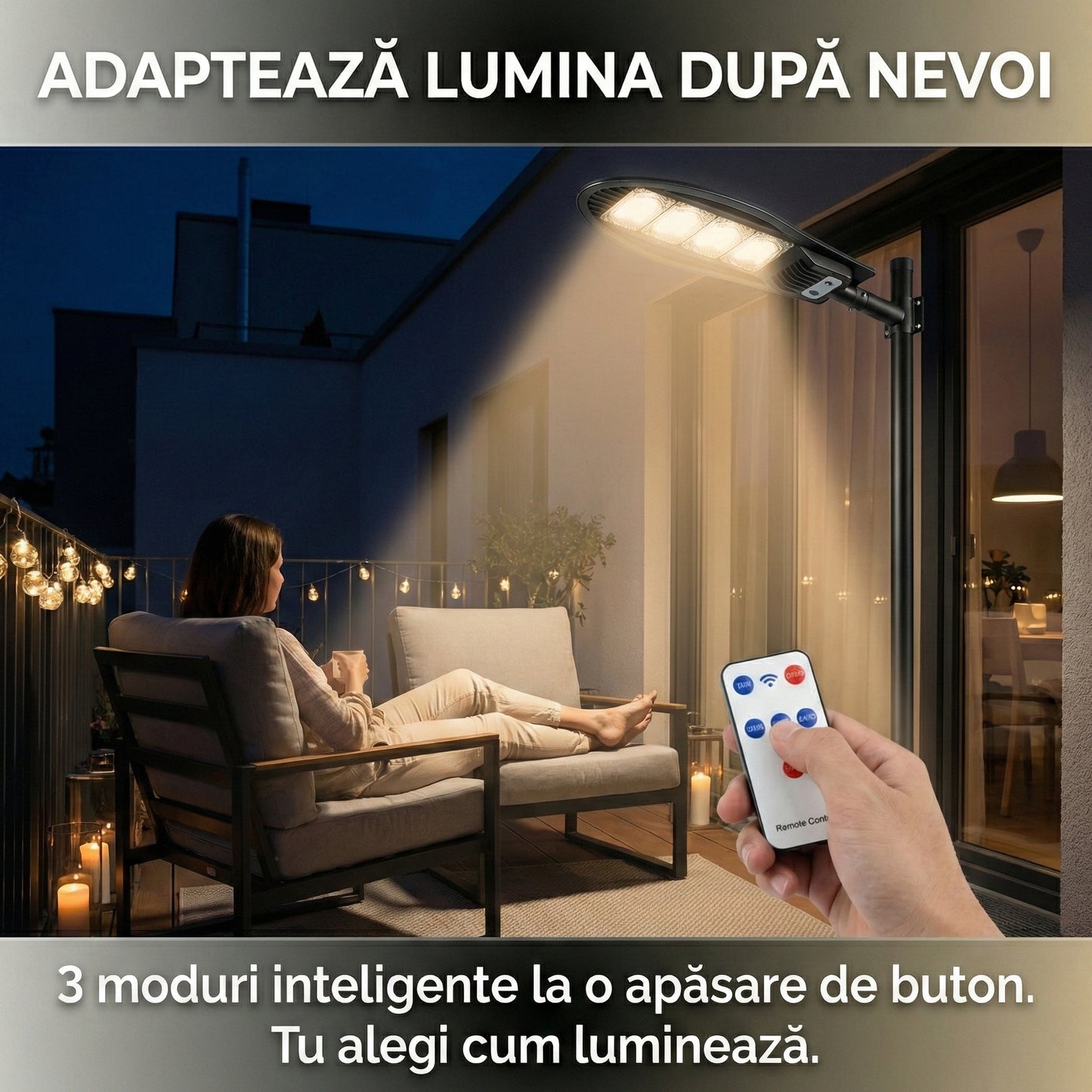 Lampă Solară Stradală LED 400W, 168 LED-uri, Senzor de Mișcare, Telecomandă, 3 Moduri de Iluminare, IP65