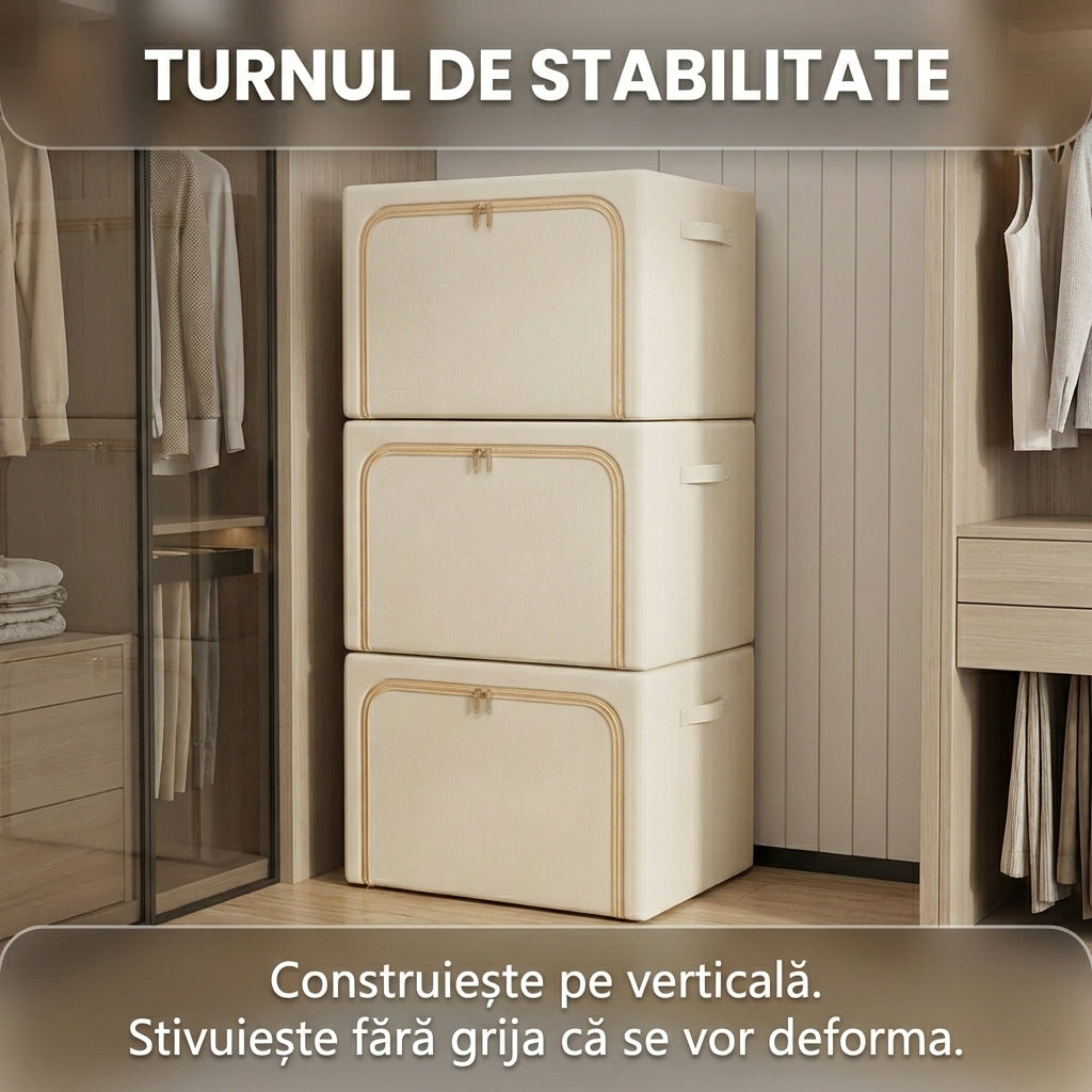 Cutie de Depozitare Premium 66L din Oxford, Cadru Metalic Pliabil, Ferestre Transparente, Bej