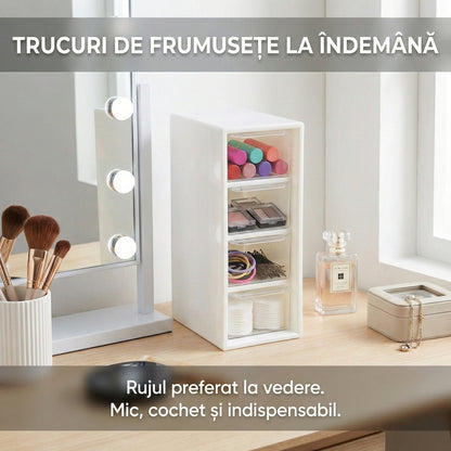 Organizator de Birou cu 4 Sertare Transparente, Cutie Depozitare Cosmetice și Accesorii, Alb, Compact