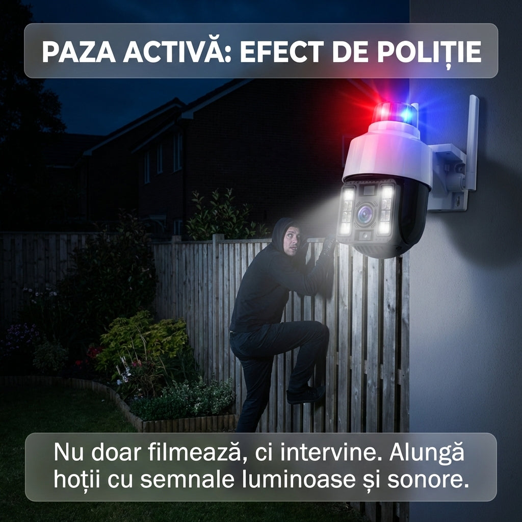 Cameră Supraveghere WiFi Exterior PTZ 5MP cu Sirenă Poliție și Girofar, Rotire 360°, Urmărire Automată, Night Vision Color, V380 Pro