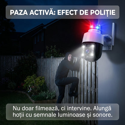 Cameră Supraveghere WiFi Exterior PTZ 5MP cu Sirenă Poliție și Girofar, Rotire 360°, Urmărire Automată, Night Vision Color, V380 Pro