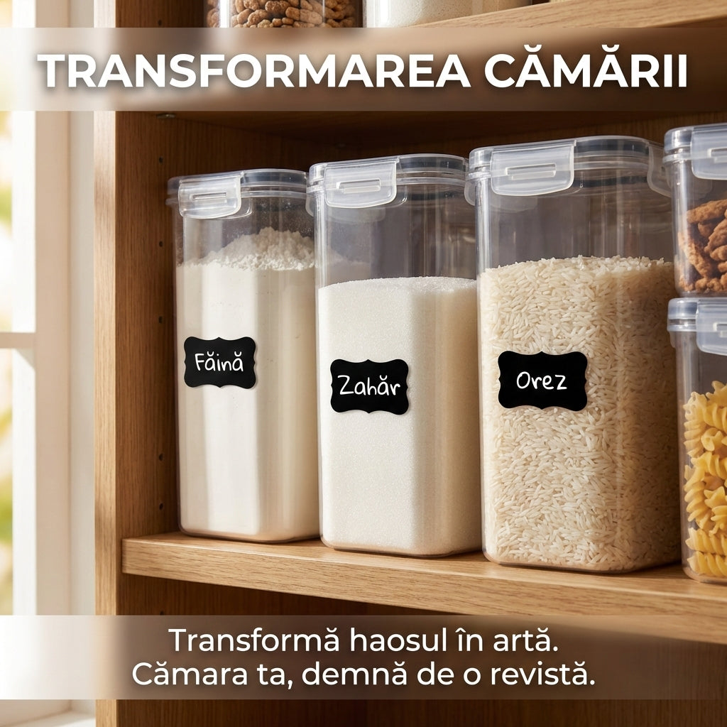 Set 7 Recipiente Alimentare Hermetice - Organizatoare Bucătărie din Plastic Fără BPA, Etichete & Marker Incluse