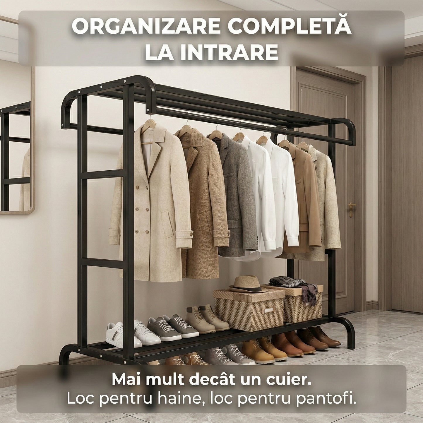 Stender Metalic Vertical pentru Haine și Uscare, Cadru Solid Îngroșat, 150x70x50 cm, Negru