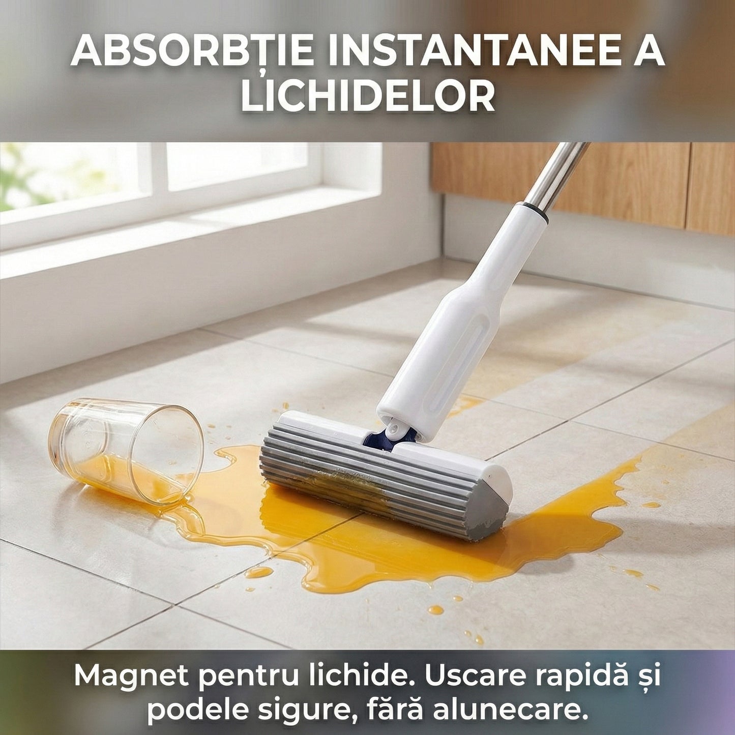 Set Mop Telescopic cu Găleată Pliabilă, Stoarcere Automată, Coadă Inox 140cm, Cap Absorbant 32cm, Gri/Alb