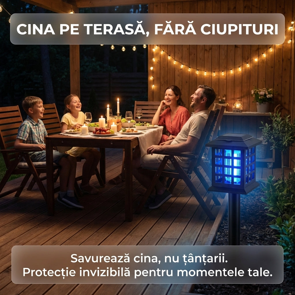 Lampă Solară Anti-Insecte 2-în-1 "Solar Monster Zapper", Lumină UV, Șoc 2800V, Fără Chimicale, Negru