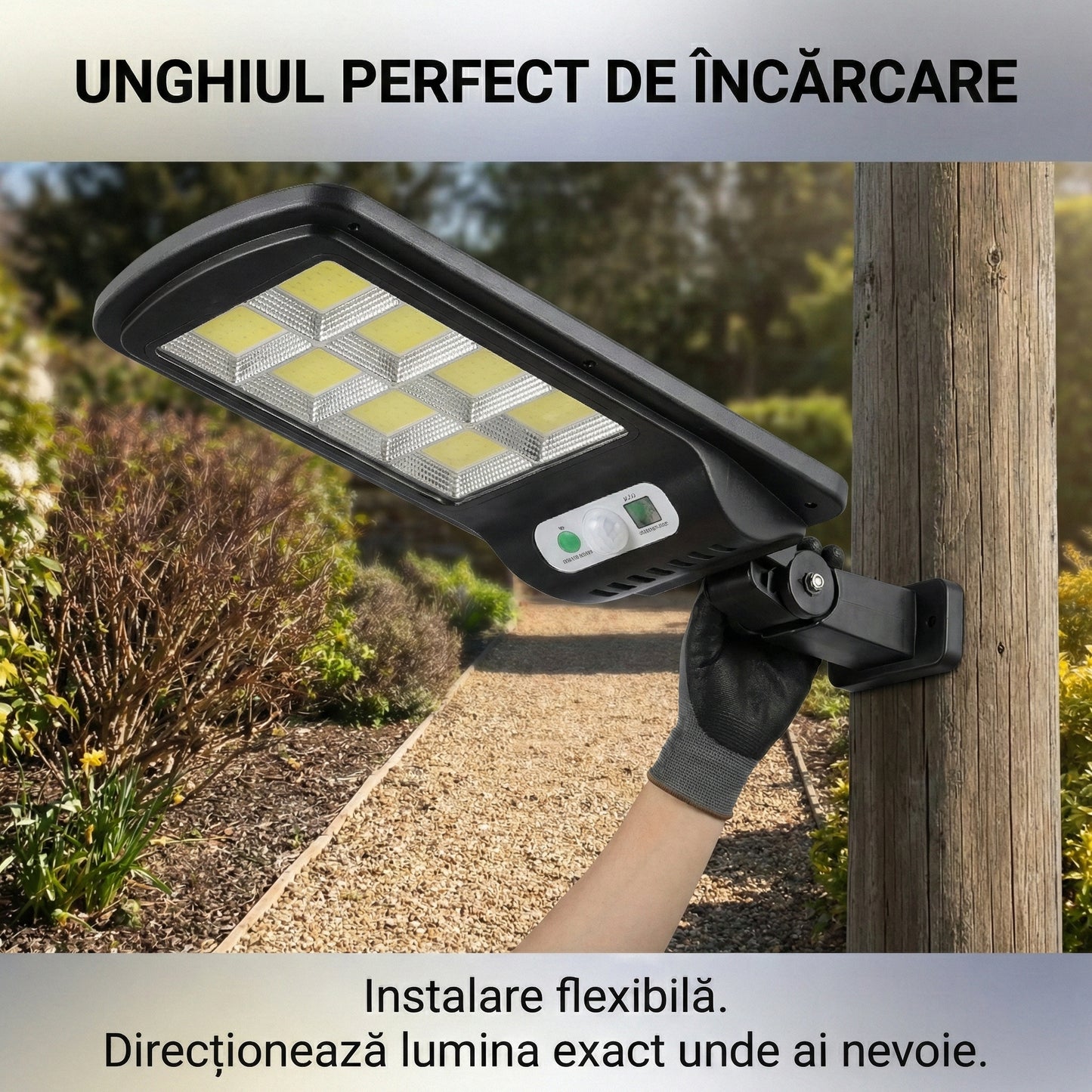 Lampă Solară LED COB 150W, 160 LED-uri, Senzor de Mișcare și Lumină, Telecomandă, Impermeabilă IP65