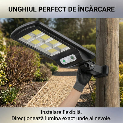 Lampă Solară LED COB 150W, 160 LED-uri, Senzor de Mișcare și Lumină, Telecomandă, Impermeabilă IP65