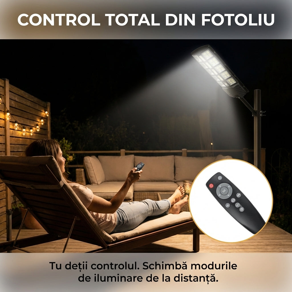 Lampă Stradală Solară LED 300W cu 10 Casete, Senzor de Mișcare și Lumină, Telecomandă, Impermeabilă