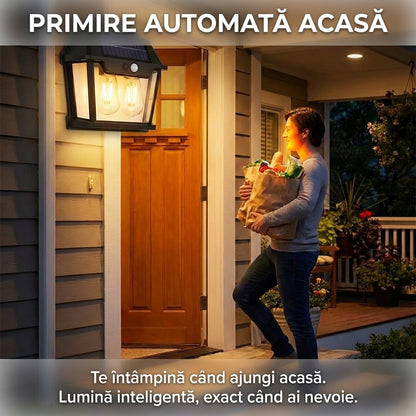 Lampă Solară de Perete Stil Vintage cu LED Tungsten, Senzor de Mișcare, Lumină Caldă, 3 Moduri, IP65