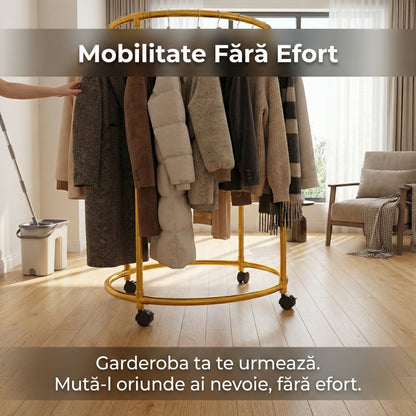 Suport Rotund pentru Haine din Oțel Inoxidabil, Mobil cu Roți Pivotante, 130cm, Auriu