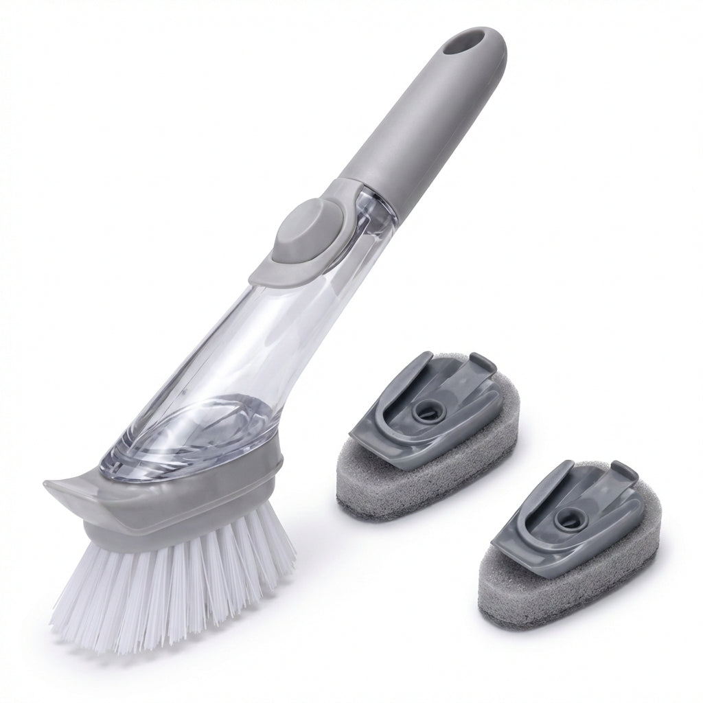 Perie de Curățare 2-în-1 pentru Bucătărie cu Dozator de Detergent și Răzuitor, Mâner Lung Antiderapant