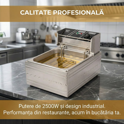 Friteuză Electrică Profesională 5.5L din Oțel Inoxidabil, 2500W, Termostat Reglabil