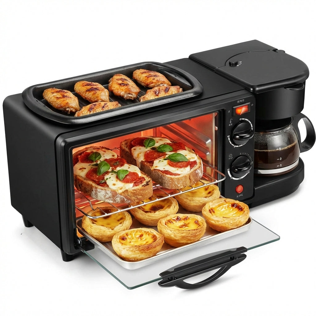 Stație Mic Dejun 3-în-1: Cuptor Electric 9L, Cafetieră 600ml și Grill, 1250W, Negru