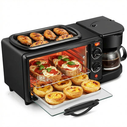 Stație Mic Dejun 3-în-1: Cuptor Electric 9L, Cafetieră 600ml și Grill, 1250W, Negru