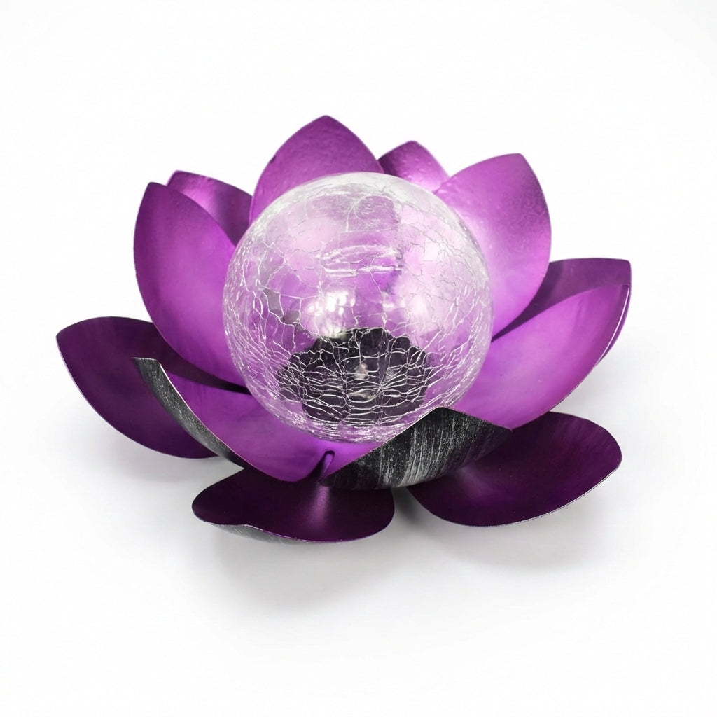 Lampă Solară Decorativă Grădină Tip Floare de Lotus, Metal și Glob de Sticlă Cracată, Efect Luminos Cald, Mov, 27 cm