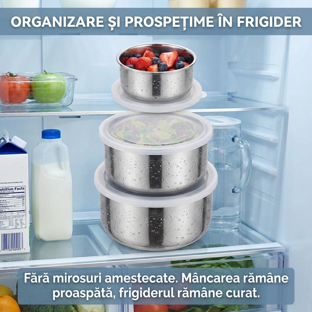 Set 5 Boluri din Inox cu Capac pentru Depozitare Alimente, Organizare Frigider și Călătorii, Stivuibile
