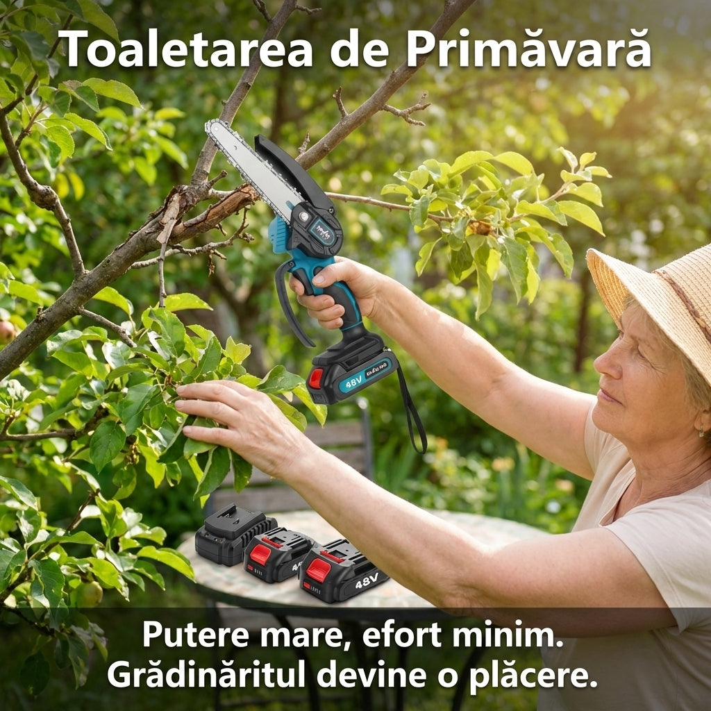 Mini Drujbă Electrică 6 Inch (16cm) - Set Complet cu 2 Acumulatori 48V, 2 Lanțuri & Trusă Transport