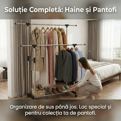 Stender Dublu Reglabil pentru Haine și Pantofi, Mobil cu Roți, Bare Cromate Extensibile