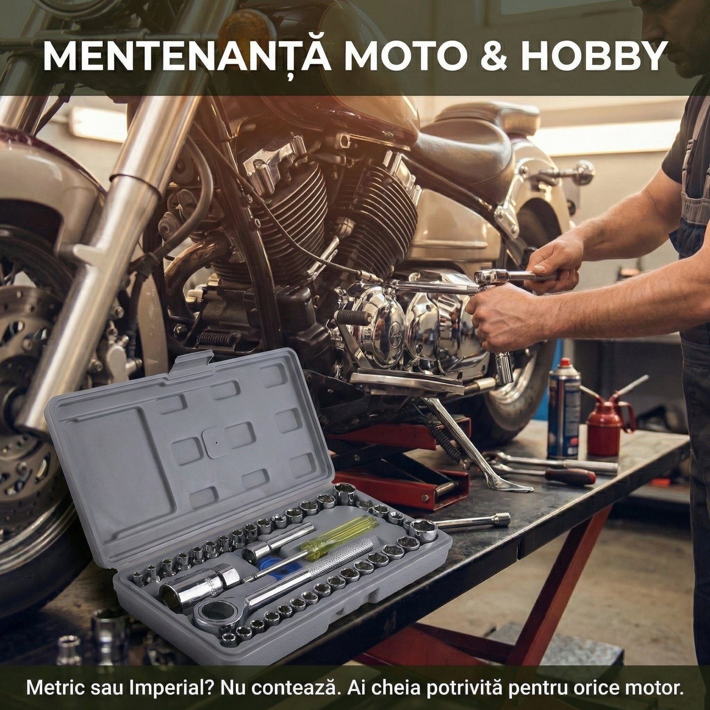 Trusă Chei Tubulare 40 Piese - Set Complet Metric & SAE cu Clichet Reversibil 3/8" și Cutie Transport